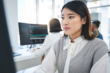 Leinwandbilder - Programming, developer and computer with business woman in office for coding, software and information technology. Database, website and research with Asian person in it startup for digital and code