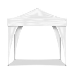 Wall Mural - Blank white canopy tent with leg covers realistic vector mockup. Camping gazebo with aluminum metal frame mock-up. Outdoor summer event portable booth template
