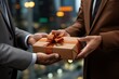 Close-up view of hands Giving a business gift in an office Generative AI