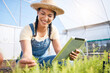 © Wesley/peopleimages.com - Woman, agriculture and tablet for gardening herbs, plants and check growth in greenhouse. Happy farmer, digital tech or farming app for agro food production, leaf inspection and sustainable business