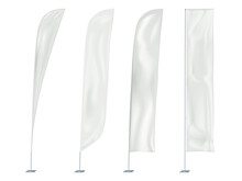 Wind Event Flags Mockup. Blank White Feather, Blade, Teardrop And Rectangular Shapes. Vector Mock-up Set. Vertical Flag Banner On Metal Pole Template Kit