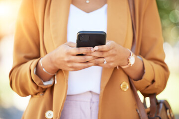 Wall Mural - Woman, phone and hands typing in social media, communication or outdoor networking in nature. Closeup of female person chatting or texting on mobile smartphone app or online research at the park