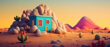 Isolated Tiny Molded Clay Home Built Around Rocks And Boulders In The Dry Arid Desert, Sunset Golden Hour, Dusk Orange Sky, Cartoon Vivid Paint Colors - Generative AI