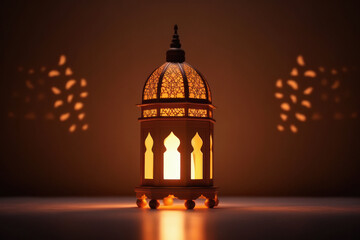 Wall Mural - Ornamental Arabic or islamic lantern on light blur bokeh background.