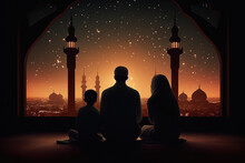 Islamic Family Looking Moon And Star From Window. Ramadan Eid Festival.