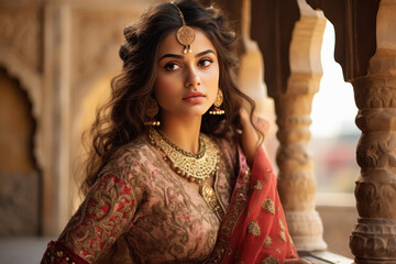 beautiful indian woman or princess in traditional wear and jwellery