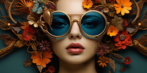 surreal portrait of a young woman with steampunk sunglasses and crazy hair decoration