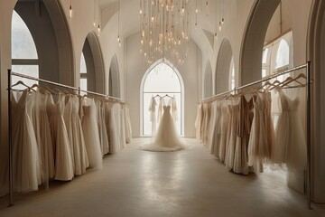 Luxurious and elegant bridal boutique with wedding dresses hanging on hangers.