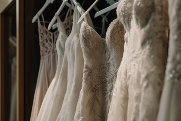 Wall Mural - Elegant wedding dresses on display in a boutique. The dresses are embellished with intricate lace and silk, embodying beauty and luxury for a special day.