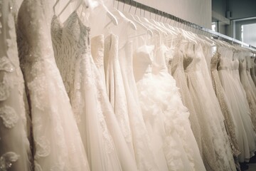 Wall Mural - A beautiful and elegant row of white wedding dresses hangs on a rack with hangers in a bridal shop.