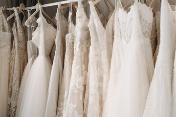 Wall Mural - A beautiful and romantic collection of white wedding dresses hangs on a hanger in a fashion boutique.