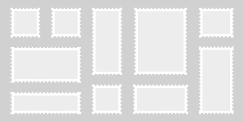 Wall Mural - postage stamp icon set. blank post frame label, postcards in different shapes. vintage postal card w