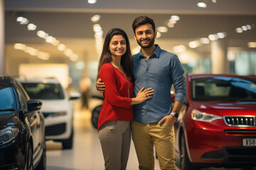 Young couple standing together at car showroom.