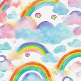Fototapeta Dziecięca - Watercolor abstract cute cartoon rainbow in the sky doodle pattern