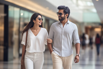 Canvas Print - Young indian couple walking together at shopping mall.