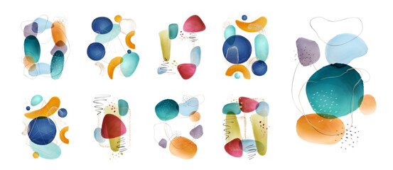 Watercolor fluid shapes, blobs and brushes, frames and abstract composition design. Geometric and shapeless brushstrokes with paint texture. Vector illustration