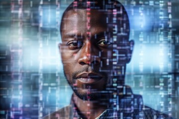 business businessman office meeting man portrait digital technology code computer internet information cyber binary security communication generative ai