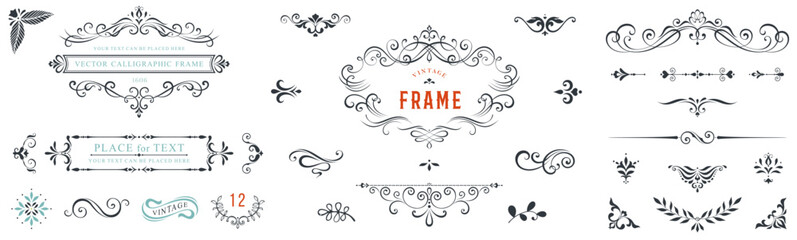 Sticker - Ornate vintage frames and scroll elements. Classic calligraphy swirls, swashes, dividers, floral motifs. Good for greeting cards, wedding invitations, restaurant menu, royal certificates.