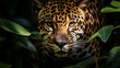 a stealthy jaguar prowling through the dense Amazon rainforest, its spotted coat blending seamlessly with the shadows. 