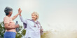 © LuneVA/peopleimages.com - Senior women, walking and high five for motivation and workout success from outdoor fitness. Banner, elderly friends and happy from sport and exercise together with support smile and mockup space