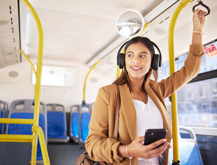 Poster - Bus, woman and phone with headphones on public transport, music and smile with business commute. City travel, stop and internet app of a female professional on a mobile with networking on metro