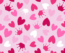 Cute Trendy Pink Seamless Pattern With Crown And Hearts. Beautiful Girly Wallpaper In The Style Of Barbiecore. Vector.