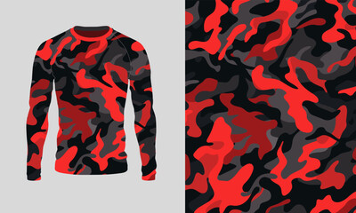 Long sleeve jersey red camo texture for hunting, extreme sport, racing, cycling, training, motocross, travel. Vector backdrop