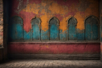 Wall Mural - A wall with blue and red arches and a brick wall