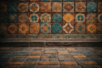 Wall Mural - A wall with a mosaic of tiles in various colors and shapes