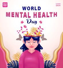 World Mental Health Day. 3d illustrations of plants, flowers, butterflies, and puzzles from inside a woman's mind so we can have a healthy mind and mentality