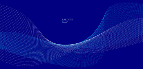 Dark blue abstract background, vector wave of flowing particles, curvy lines of dots in motion, technology and science theme, airy and ease futuristic illustration.