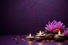 Diwali Is An Indian Holiday, The Festival Of Fire. Lotus Flowers And Diyas Oil Lamps. 