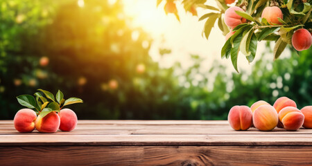 Empty rustic old wooden boards table copy space with peach trees orchard in background. Some ripe fruits on desk. Product display template. Generative AI