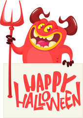 Wall Mural - Red devil hand holding white sheet and trident. .Satan holds and signboard. Halloween party illustration.