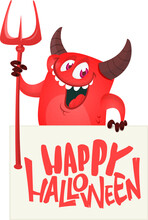 Red Devil Hand Holding White Sheet And Trident. .Satan Holds And Signboard. Halloween Party Illustration.