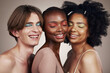 Diversity, beauty and skin, people with smile and dermatology with inclusion isolated on studio background. Gen z, young women and man with face, equality and cosmetics with skincare and wellness