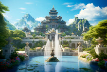 Chinese Castle With A Fountain In Front Sunny Day