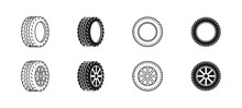 Wheel Tires Vector Icon Set. Black Outline And Flat Car Rubber Wheels.