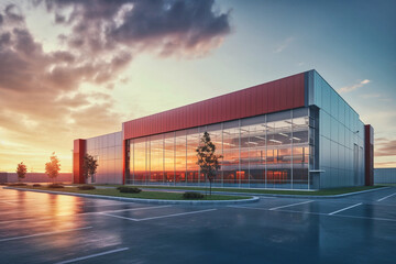 Wall Mural - modern big warehouse building facility exterior with windows at sunset