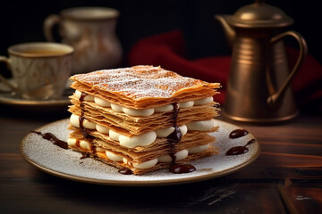 Sticker - mille-feuille / Napoleon / Vanilla slice / Custard Slice dessert served on a plate 