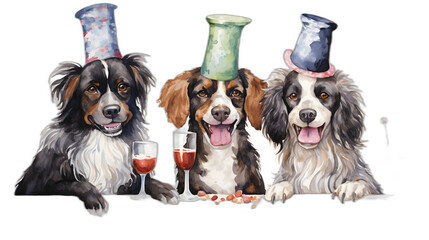 Wall Mural - painting of dogs with happy birthday hats on transparent background