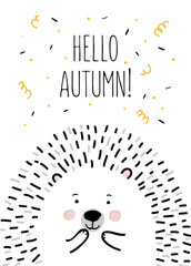 Autumn greeting card with cute hedgehog