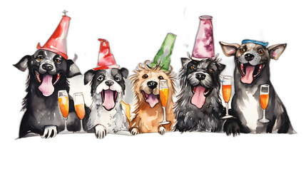 Wall Mural - painting of dogs with happy birthday hats on transparent background