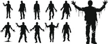 Zombie Standing And Walking Actions In Silhouette Style Collection. Full Lenght Of People Resurrected From The Dead Isolated On White