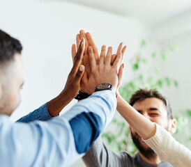 Poster - businessman businesswoman success young business team high five support unity celebrating give me five  office startup partnership diversity