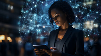 A businesswoman holding a tablet and looking at a virtual blockchain network with data fields floating around.