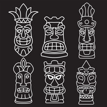 Set Polynesian Tiki Mask Black Silhouette. Hawaiian Tribal Mask. Vector Cartoon Style.Set Hawaiian Tiki God Masks.Hand Drawn Tiki Outline.