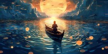 Night Scenery Of A Man Rowing A Boat Among Many Glowing Moons Floating On The Sea, Digital Art Style, Illustration Painting