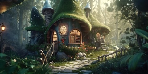 A cute little fairytale house in the forest, full of plants, generative ai technology