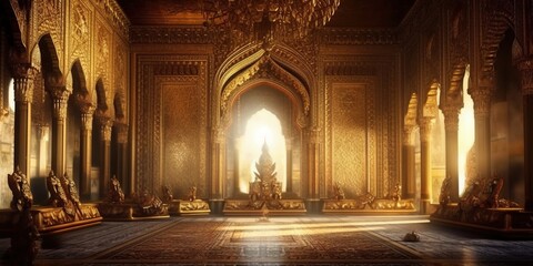 A golden filigree throne room in a medieval castle king sitting on the throne intricate designs the walls